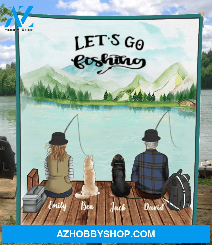 Personalized Dog & Owners Fishing Blanket Gift idea for the whole family, dog lovers - 2 Dogs & Couple Fleece Blanket - Let’s go fishing