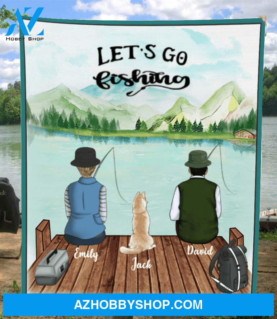Personalized Dog & Owners Fishing Blanket Gift idea for the whole family, dog lovers - Couple & 1 Dog Fishing Fleece Blanket - Let’s go fishing