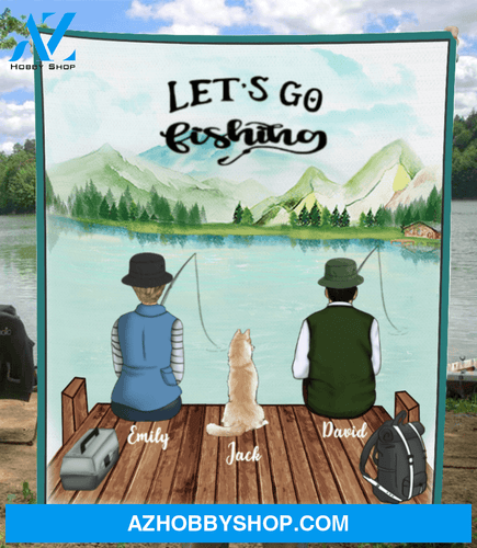 Personalized Dog & Owners Fishing Blanket Gift idea for the whole family, dog lovers - Couple & 1 Dog Fishing Fleece Blanket - Let’s go fishing