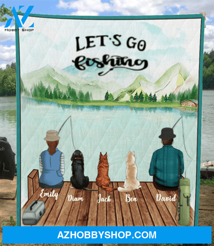 Personalized Dog & Owners Fishing Blanket Gift idea for the whole family, dog lovers - 3 Dogs & Couple Quilt Blanket - Let’s go fishing