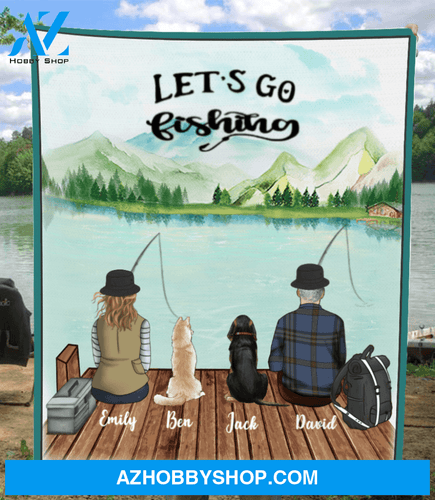 Personalized Dog & Owners Fishing Blanket Gift idea for the whole family, dog lovers - 2 Dogs & Couple Fleece Blanket - Let’s go fishing