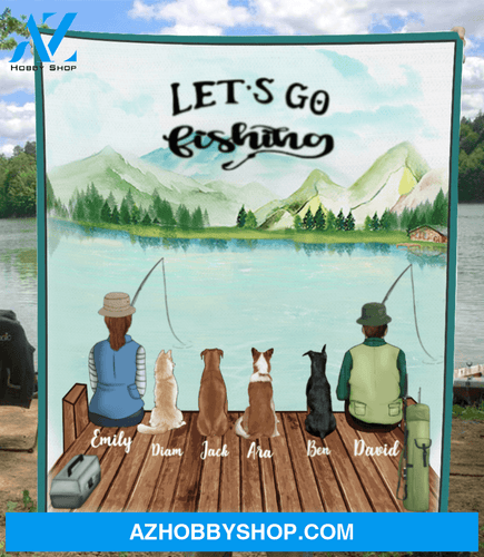 Personalized Dog & Owners Fishing Blanket Gift idea for the whole family, dog lovers - 4 Dogs & Couple Fleece Blanket - Let’s go fishing