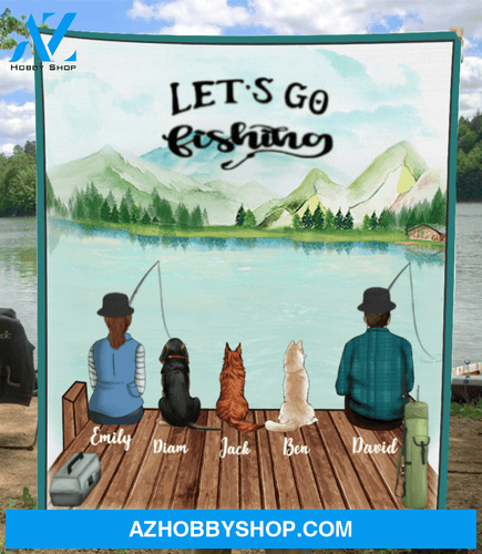 Personalized Dog & Owners Fishing Blanket Gift idea for the whole family, dog lovers - Couple & 3 Dogs Fleece Blanket - Let’s go fishing