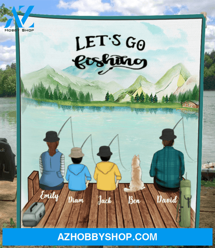 Personalized Dog & Owners fishing blanket gift idea for the whole family, dog lovers - Parents, 2 Kids & 1 Dog Fishing Fleece Blanket