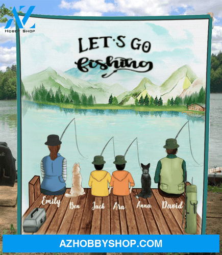 Personalized Dog & Owners fishing blanket gift idea for the whole family, dog lovers - Parents, 2 Kids & 2 Dogs Fishing Fleece Blanket V5