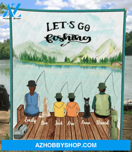 Personalized Dog & Owners fishing blanket gift idea for the whole family, dog lovers - Parents, 2 Kids & 2 Dogs Fishing Quilt Blanket V5