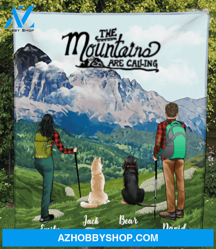 Personalized Dog & Owners Hiking Blanket, Gift idea for the whole family, dog lovers - Couple & 2 Dogs Hiking Quilt - The Mountains Are Calling