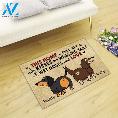 Personalized Doormat Dachshund, This Home Is Filled With Kisses Wagging Tails Wet Noses And Love, Dachshund Mom, Gift For Dachshund Lovers, M0402, UOND | Welcome Mat | House Warming Gift