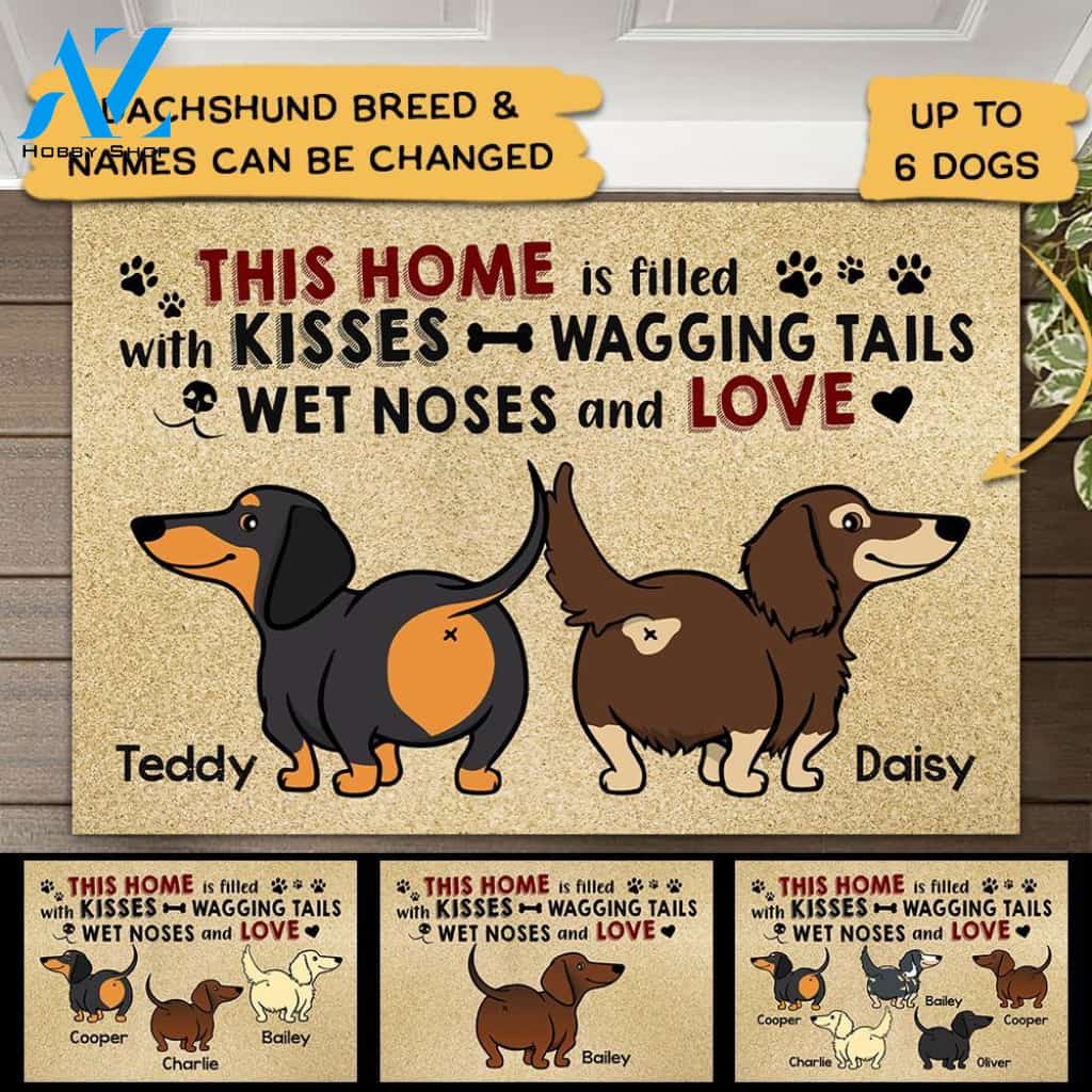 Personalized Doormat Dachshund, This Home Is Filled With Kisses Wagging Tails Wet Noses And Love, Dachshund Mom, Gift For Dachshund Lovers, M0402, UOND | Welcome Mat | House Warming Gift
