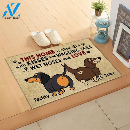 Personalized Doormat Dachshund, This Home Is Filled With Kisses Wagging Tails Wet Noses And Love, Dachshund Mom, Gift For Dachshund Lovers, M0402, UOND | Welcome Mat | House Warming Gift