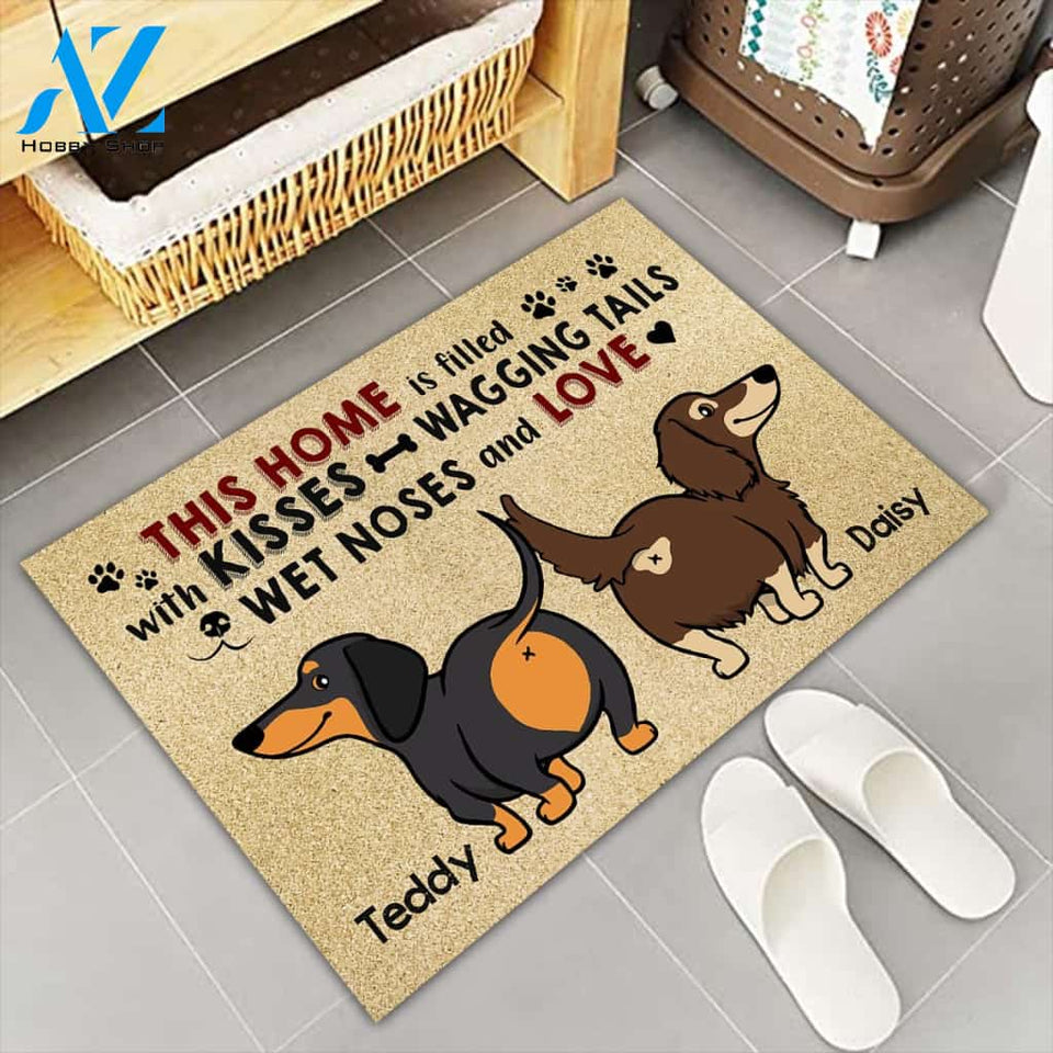 Personalized Doormat Dachshund, This Home Is Filled With Kisses Wagging Tails Wet Noses And Love, Dachshund Mom, Gift For Dachshund Lovers, M0402, UOND | Welcome Mat | House Warming Gift