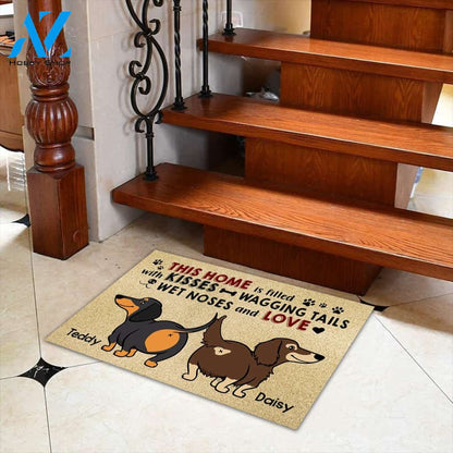 Personalized Doormat Dachshund, This Home Is Filled With Kisses Wagging Tails Wet Noses And Love, Dachshund Mom, Gift For Dachshund Lovers, M0402, UOND | Welcome Mat | House Warming Gift
