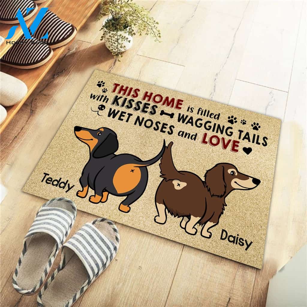 Personalized Doormat Dachshund, This Home Is Filled With Kisses Wagging Tails Wet Noses And Love, Dachshund Mom, Gift For Dachshund Lovers, M0402, UOND | Welcome Mat | House Warming Gift
