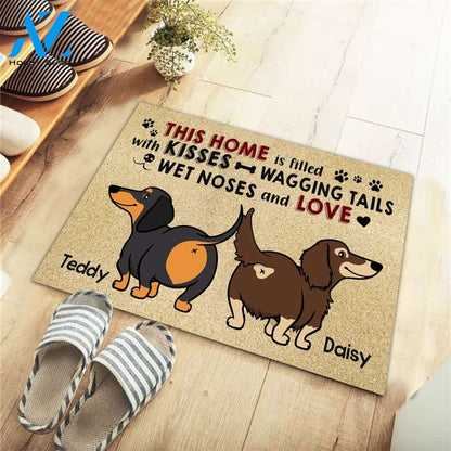 Personalized Doormat Dachshund, This Home Is Filled With Kisses Wagging Tails Wet Noses And Love, Dachshund Mom, Gift For Dachshund Lovers, M0402, UOND | Welcome Mat | House Warming Gift