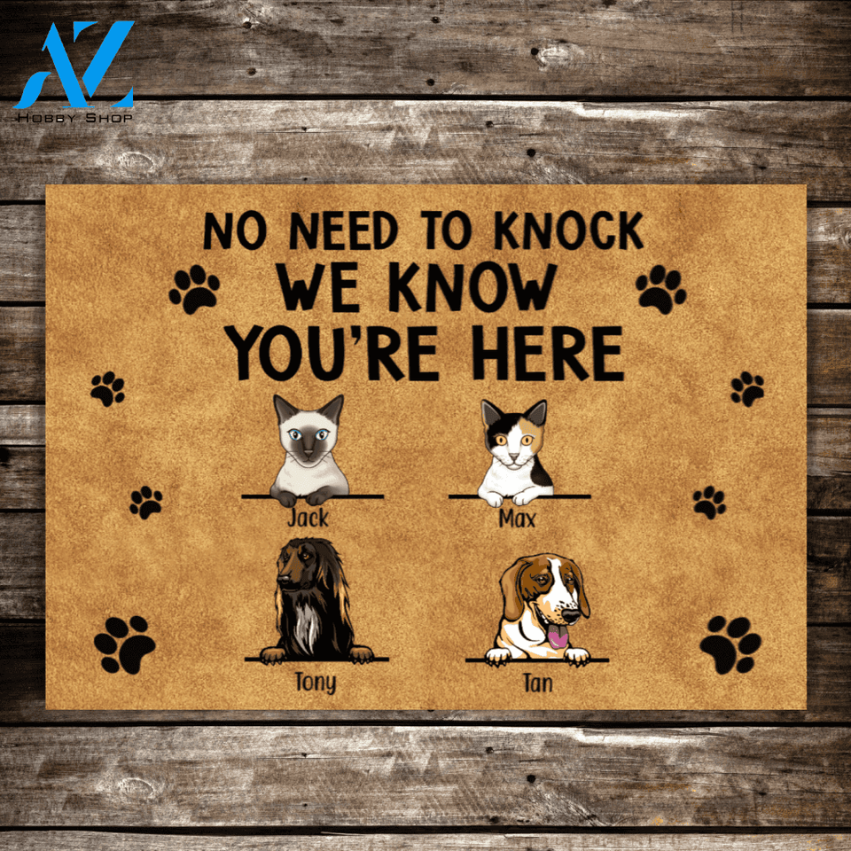 Personalized Doormat, Two Cats and Two Dogs No Need To Knock Gifts For Cat and Dog Lovers