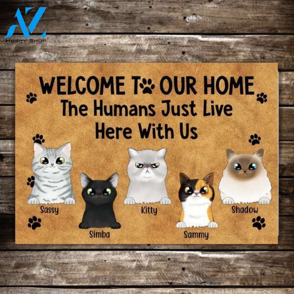 Personalized Doormat, Welcome To Our Home The Humans Just Live Here With Us, Up to 5 Cats, Gifts for Cat Lovers
