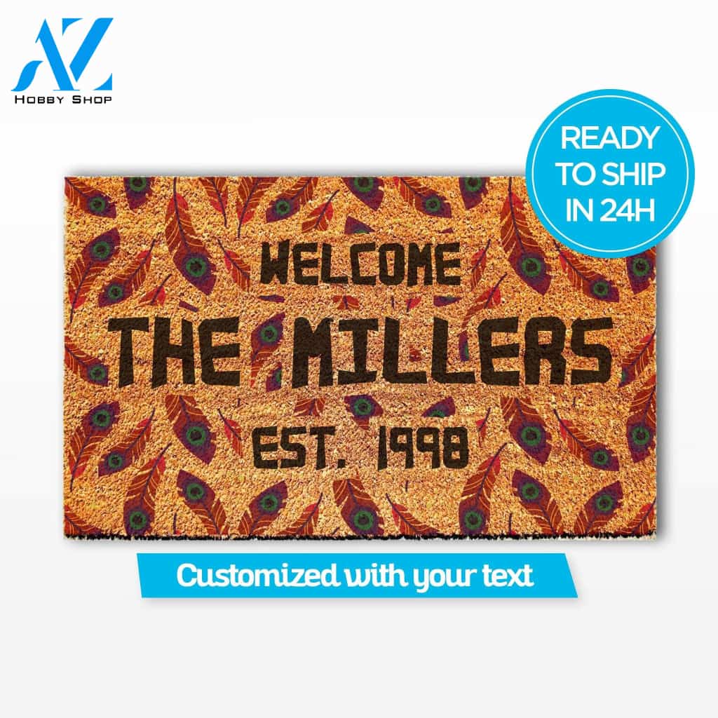 Personalized Doormat with Peacock Feathers Pattern, Customized doormat, Housewarming present, realtor present, porch decor, Welcome Doormat
