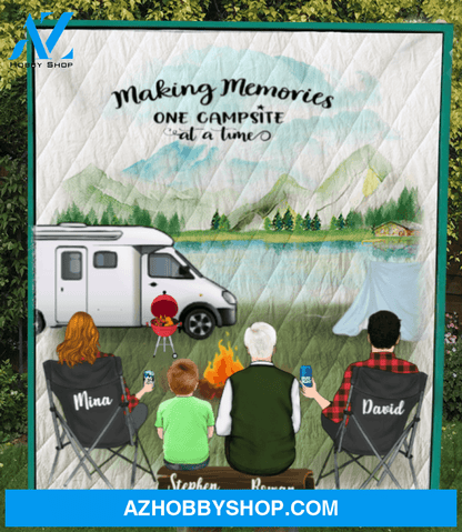 Personalized Family Blanket, Gift Idea For The Whole Family, Camping Lovers - Grandfather with Parents & 1 Kid Camping Quilt