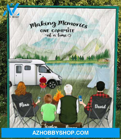 Personalized Family Blanket, Gift Idea For The Whole Family, Camping Lovers - Grandfather with Parents & 1 Kid Camping Quilt