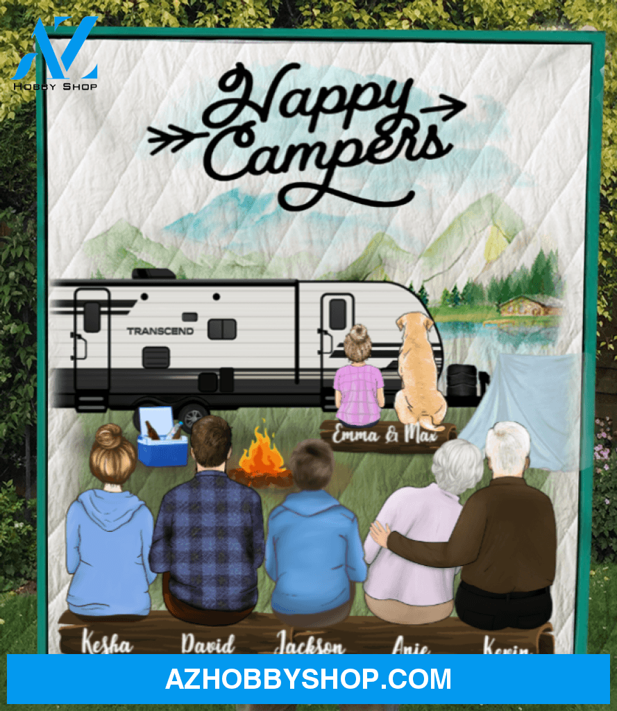 Personalized Family Blanket, Gift Idea For The Whole Family, Camping Lovers - Grandparents Parents 2 Kids and 1 Cat/1 Dog Camping Blanket - Happy Campers