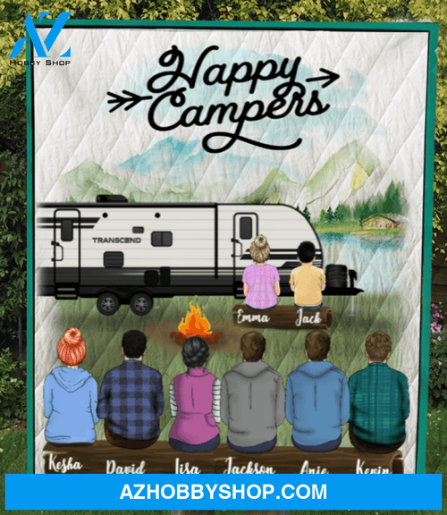 Personalized Family Blanket, Gift Idea For The Whole Family, Camping Lovers - 6 Adult and 2 Kids Camping Blanket - Happy Campers