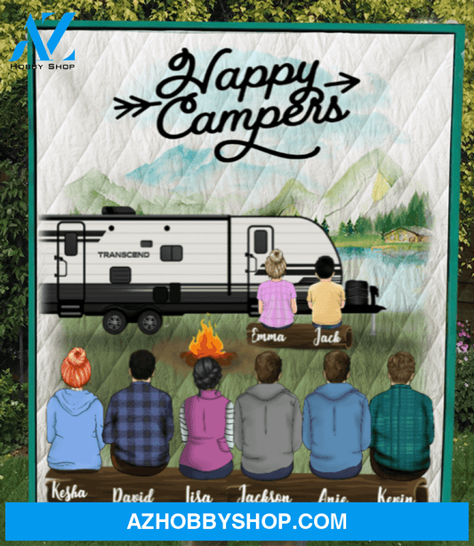 Personalized Family Blanket, Gift Idea For The Whole Family, Camping Lovers - 6 Adult and 2 Kids Camping Blanket - Happy Campers