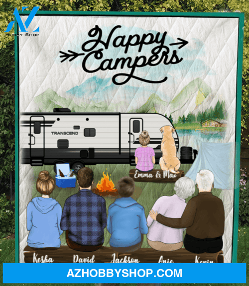Personalized Family Blanket, Gift Idea For The Whole Family, Camping Lovers - Grandparents Parents 2 Kids and 1 Cat/1 Dog Camping Blanket - Happy Campers
