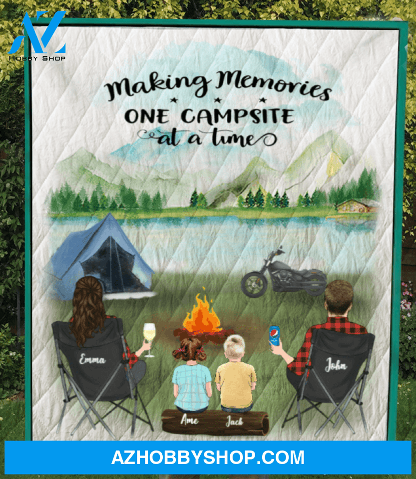 Personalized Family Blanket Gift Idea For The Whole Family, Camping Lovers - Parents & 2 Kids Family Camping Quilt - No Camper