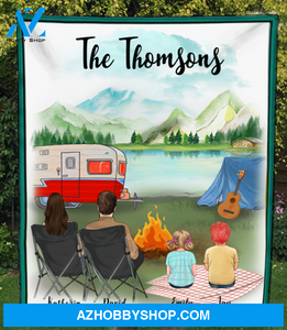 Personalized Family Blanket Gift Idea For The Whole Family, Camping Lovers - Parents & 2 Kids camping Fleece blanket