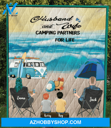 Personalized Family blanket gift idea for the whole family, camping lovers - Parents & 2 Kids beach camping quilt