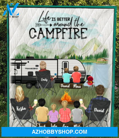 Personalized Family Blanket, Gift Idea For The Whole Family, Camping Lovers - Parents and 6 Kids Camping Quilt Blanket
