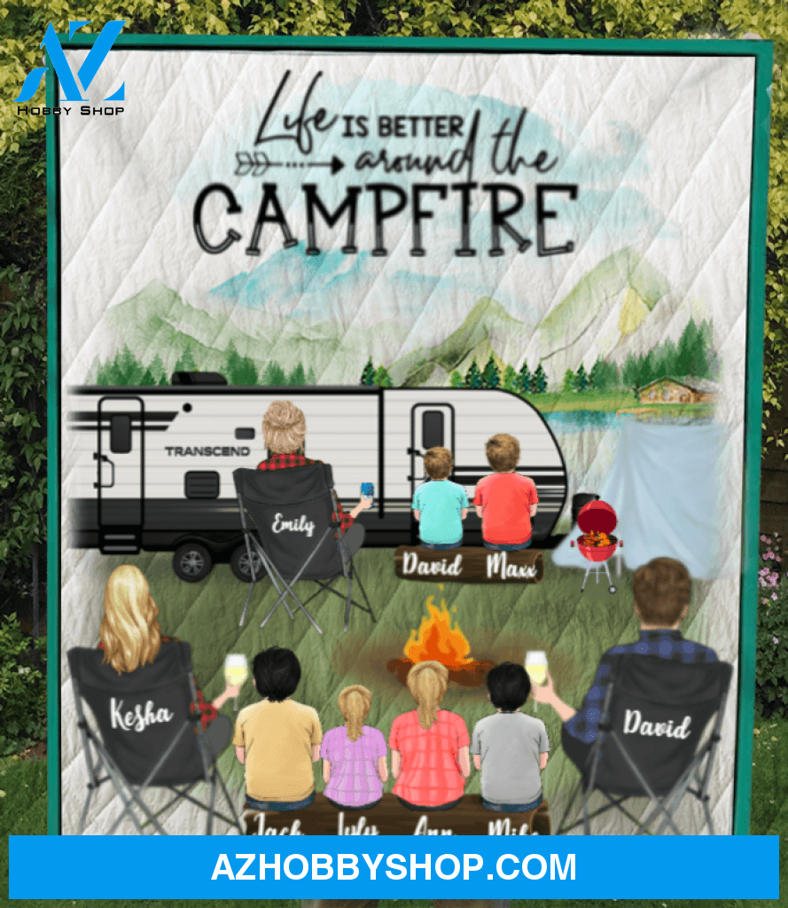 Personalized Family Blanket, Gift Idea For The Whole Family, Camping Lovers - Parents and 6 Kids Camping Quilt Blanket