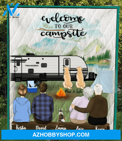 Personalized Family Blanket, Gift Idea For The Whole Family, Camping Lovers - Grandparents Parents 1 Kid and 3 Dogs/3 Cats Camping Blanket - Welcome to our campsite