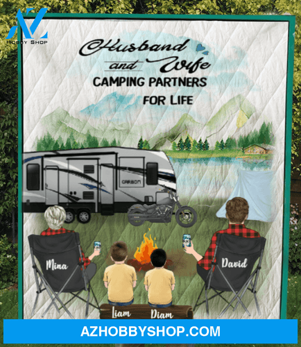 Personalized Family Blanket Gift Idea For The Whole Family - Parents & 2 Kids camping quilt blanket - Camping partners for life