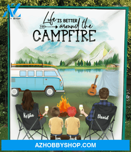 Personalized Family Blanket Gift Idea For The Whole Family - Parents & 2 Kids camping fleece blanket - Life is better around the campfire