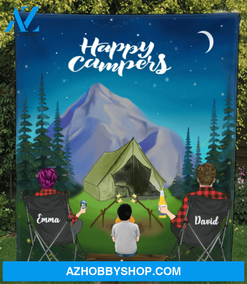 Personalized Family Blanket, Gift Idea For The Whole Family - Parents & 1 Kid Night Mountain Camping Quilt