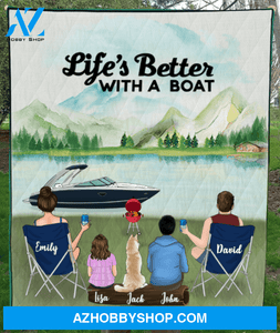 Personalized Family Blanket, Gift Idea For The Whole Family - Family With Kids and Pets Boat Together