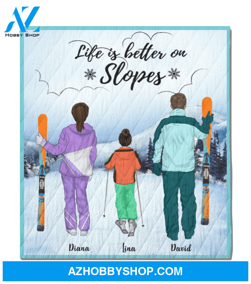 Personalized Family Blanket - Best Gift For The Whole Family, Skiing Lovers - Parents And 1 Kid, Skiing Quilt Blanket