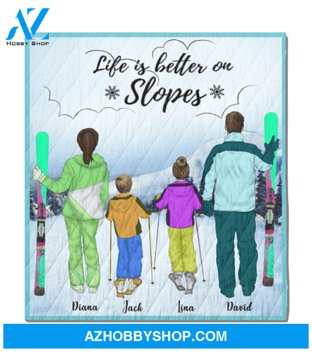 Personalized Family Blanket - Best Gift For The Whole Family, Skiing Lovers - Parents And 2 Kids, Skiing Quilt Blanket, Full Option
