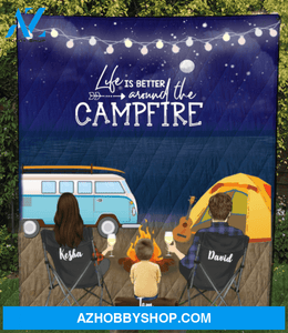 Personalized Family camping blanket gift idea for the whole family, camping lovers - Parents & 1 Kid night beach camping quilt blanket