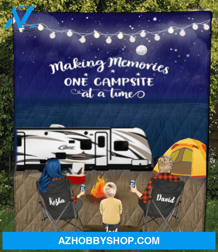 Personalized Family camping blanket gift idea for the whole family, camping lovers - Parents & 1 Kid night beach camping quilt blanket