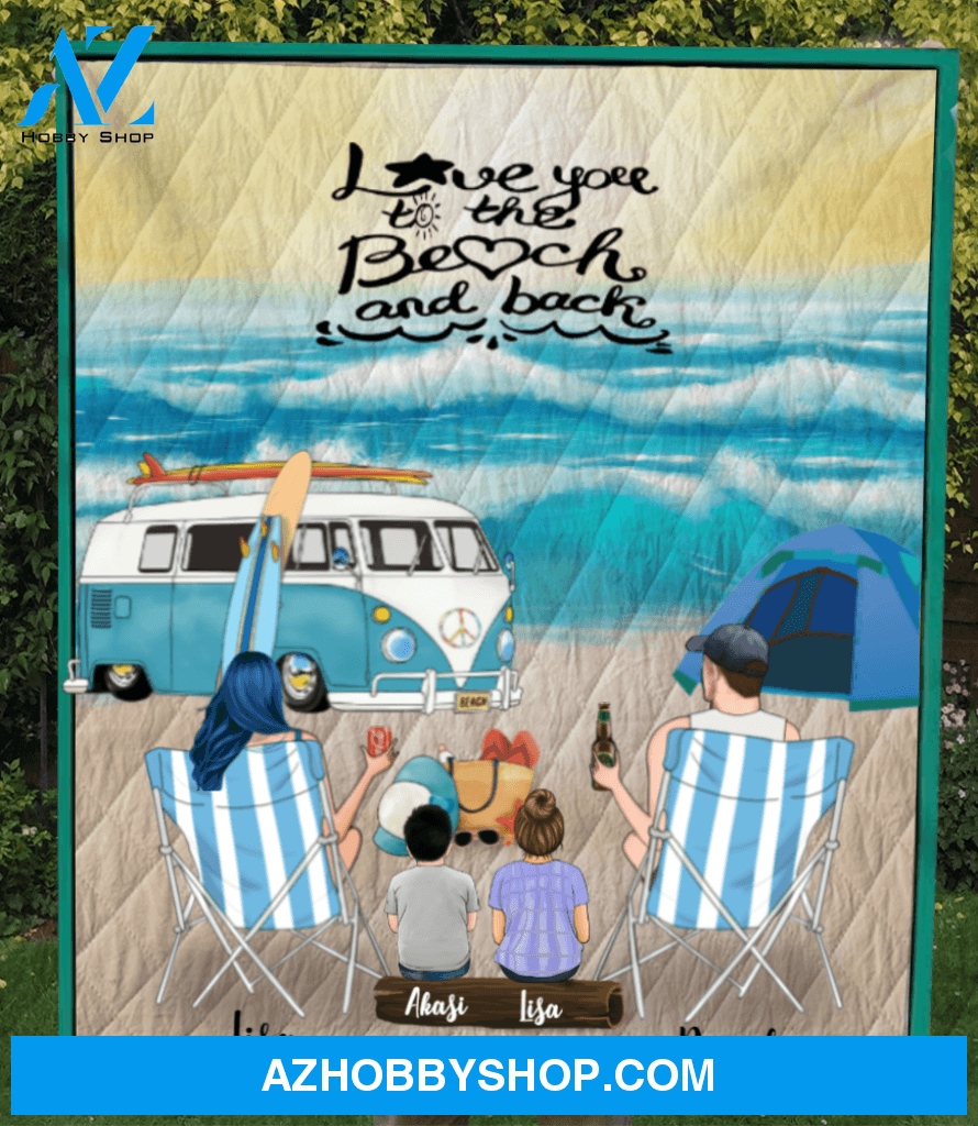 Personalized Family camping blanket gift idea for the whole family, camping lovers - Parents & 2 Kids beach camping quilt blanket