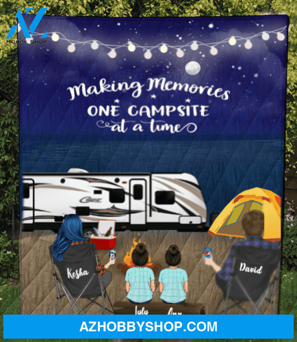 Personalized Family camping blanket gift idea for the whole family, camping lovers - Parents & 2 Kids night beach camping quilt blanket V5