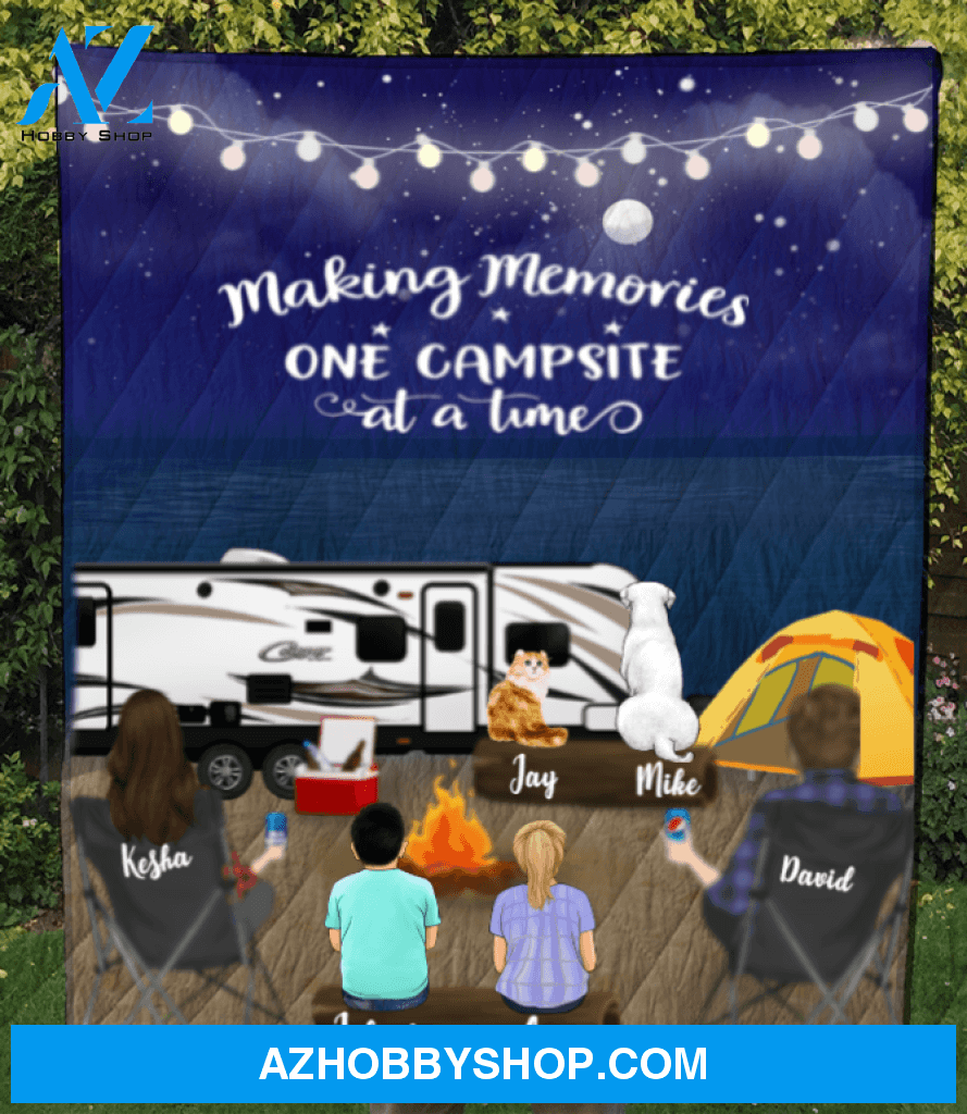 Personalized Family camping blanket gift idea for the whole family, camping lovers - Parents with 2 Kids and 2 Pets night beach camping quilt blanket