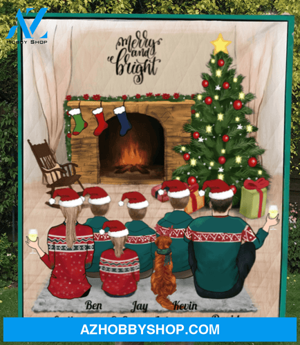 Personalized Family Christmas Gifts For The Whole Family Quilt Blanket, Dog and Cat Lovers - Parents With 4 Kids & 1 Pet - Merry Christmas