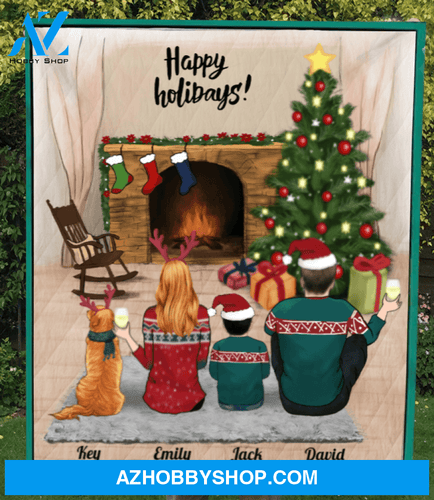 Personalized Family Christmas Gifts For The Whole Family Quilt Blanket, Dog and Cat Lovers - Parents, 1 Kid & 1 Pet - Merry Christmas