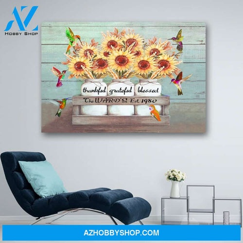 Personalized Family Name & Year Hummingbird Thankful, Grateful, Blessed Canvas Print Wall Art - Matte Canvas