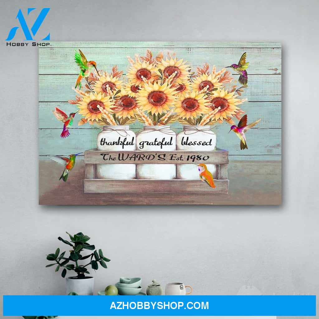 Personalized Family Name & Year Hummingbird Thankful, Grateful, Blessed Canvas Print Wall Art - Matte Canvas