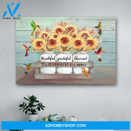 Personalized Family Name & Year Hummingbird Thankful, Grateful, Blessed Canvas Print Wall Art - Matte Canvas
