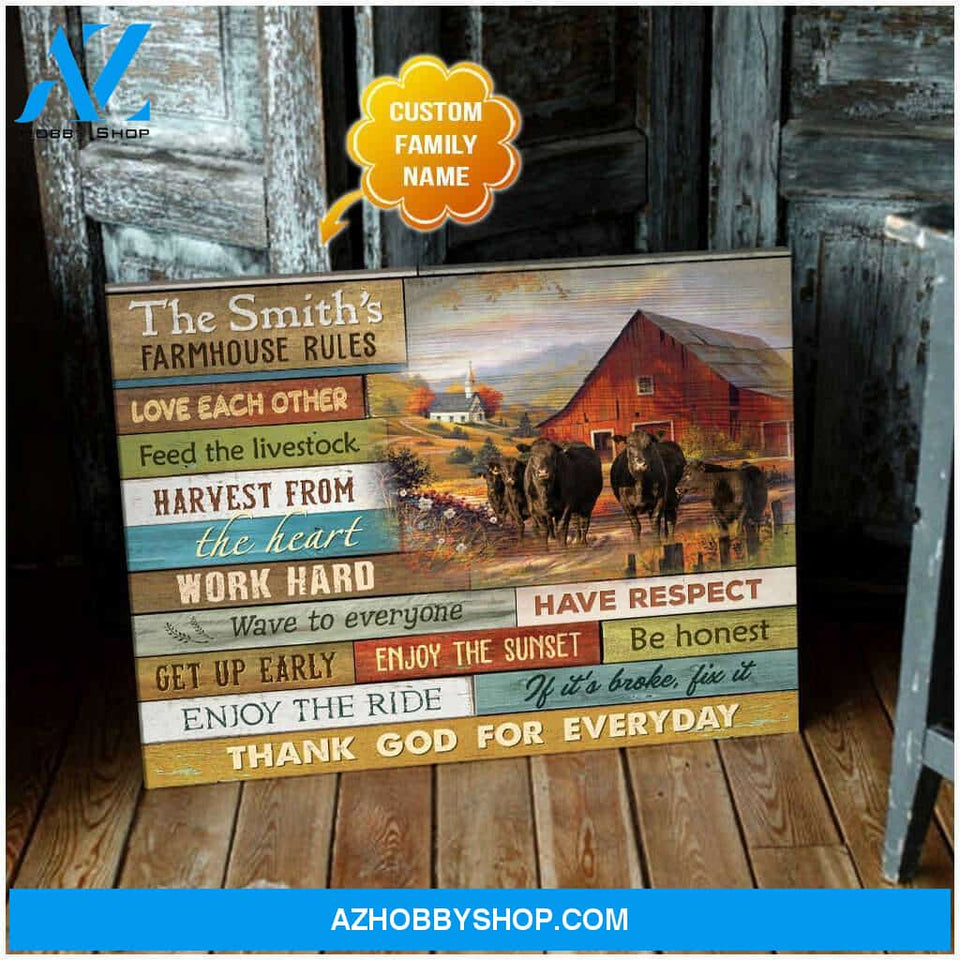 Personalized Farmhouse Rules Angus Cows Canvas Wall Art Decor